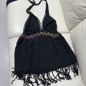 Rampage Black Halter Swim Cover-Up with Colorful Embroidery